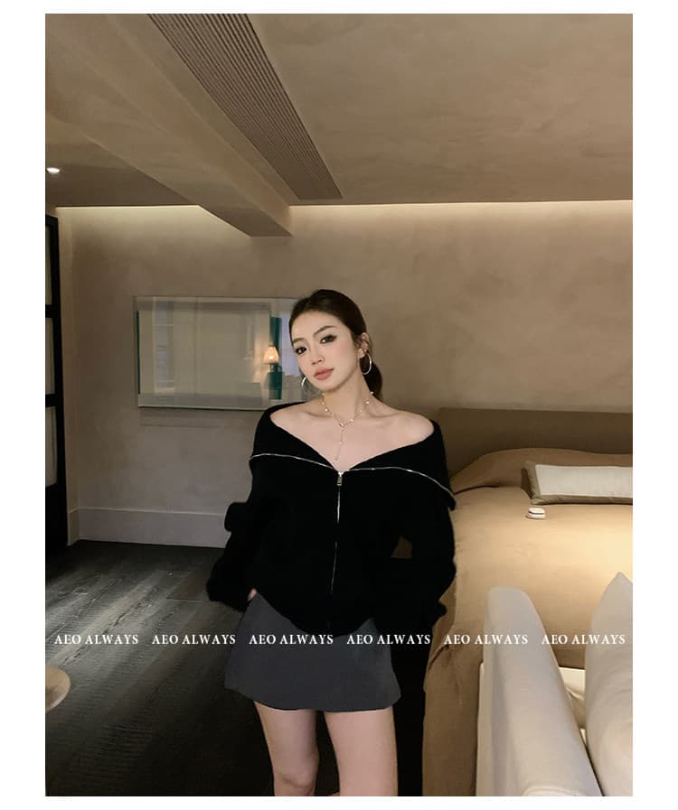 aeoalways 겨울 분위기 검정색 폴로 칼라 스웨터 여자 새로운 슬림해 보이는 지퍼 오프숄더 카디건 코트 상세 이미지 62