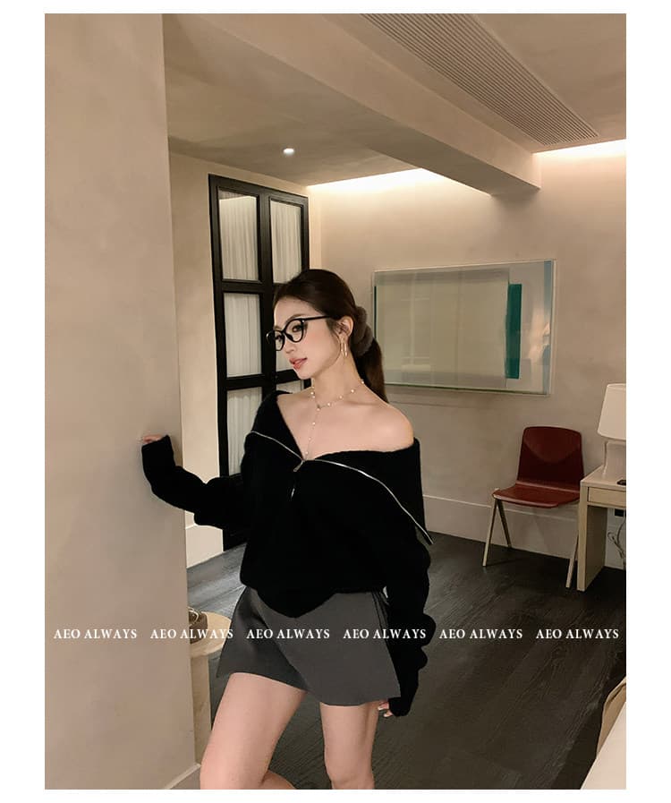 aeoalways 겨울 분위기 검정색 폴로 칼라 스웨터 여자 새로운 슬림해 보이는 지퍼 오프숄더 카디건 코트 상세 이미지 70