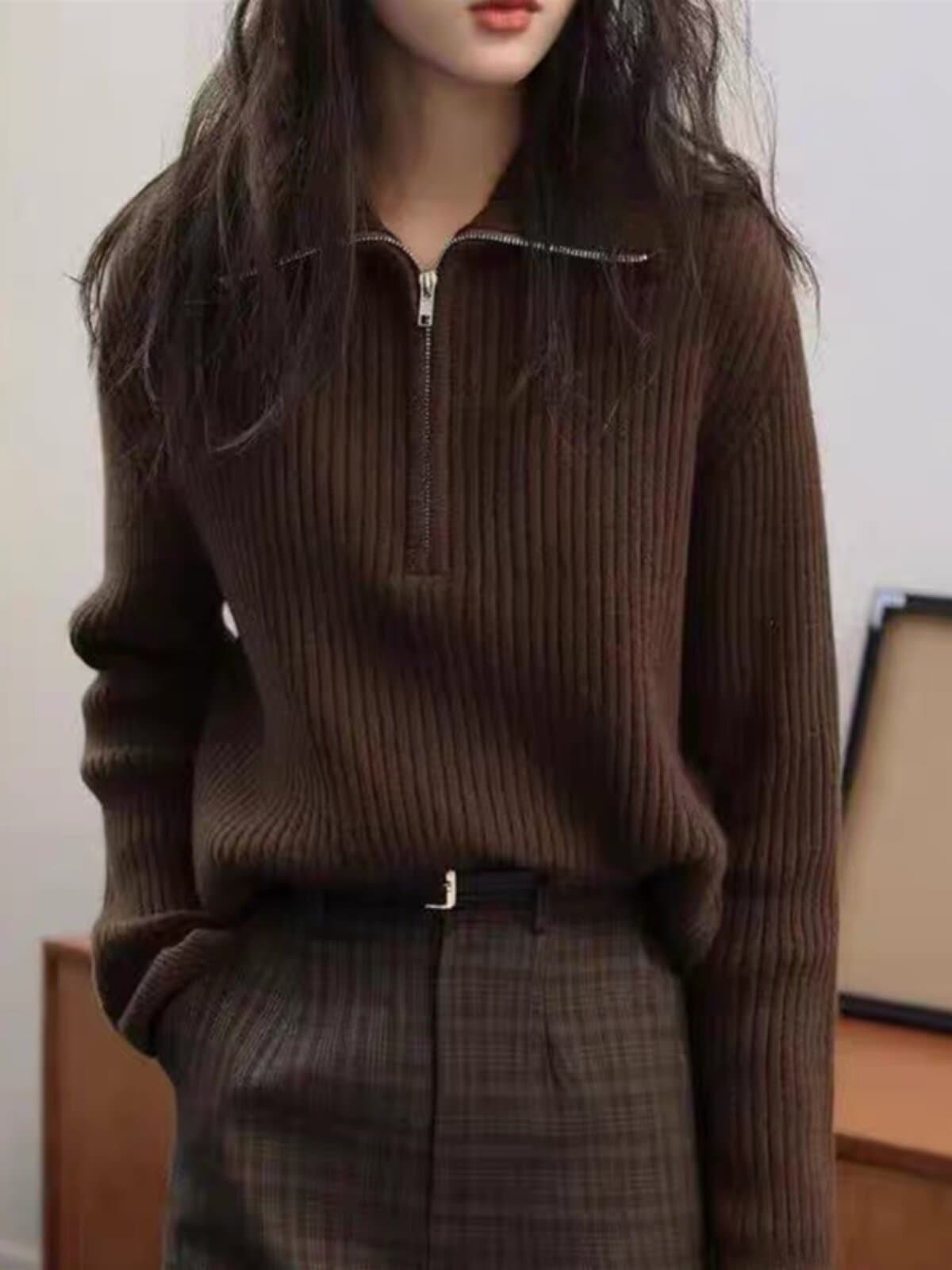 유럽 역 품격 하프 지퍼 폴로 칼라 양모 니트 스웨터 여성 가을 겨울 루즈핏 두꺼운 스타일 POLO 칼라 스웨터 카디건 상세 이미지 1