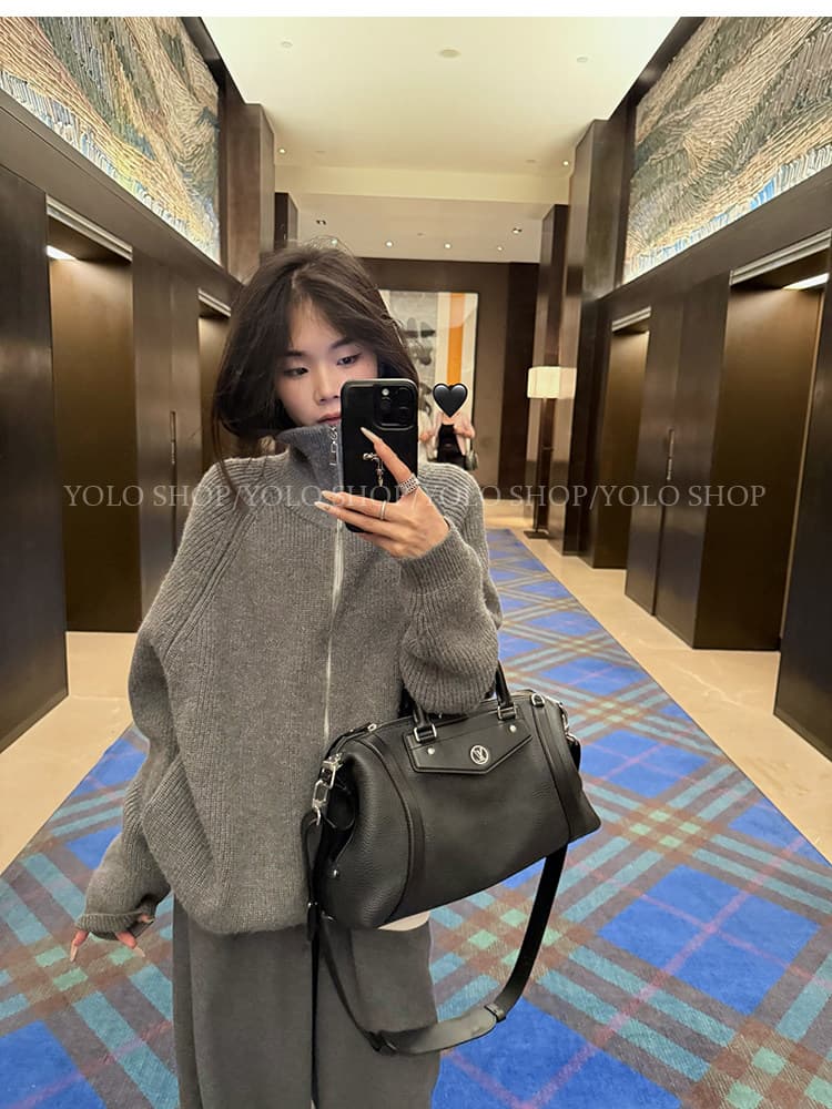회색 지퍼 터틀넥 스웨터 오픈 가디건 여성 코트 느긋한 고급 센스 2025 새로운 한 부서 이른 가을 착용 잡아라. 의류 상세 이미지 9
