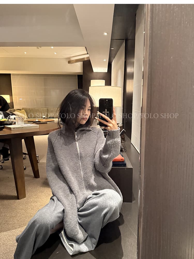 회색 지퍼 터틀넥 스웨터 오픈 가디건 여성 코트 느긋한 고급 센스 2025 새로운 한 부서 이른 가을 착용 잡아라. 의류 상세 이미지 11