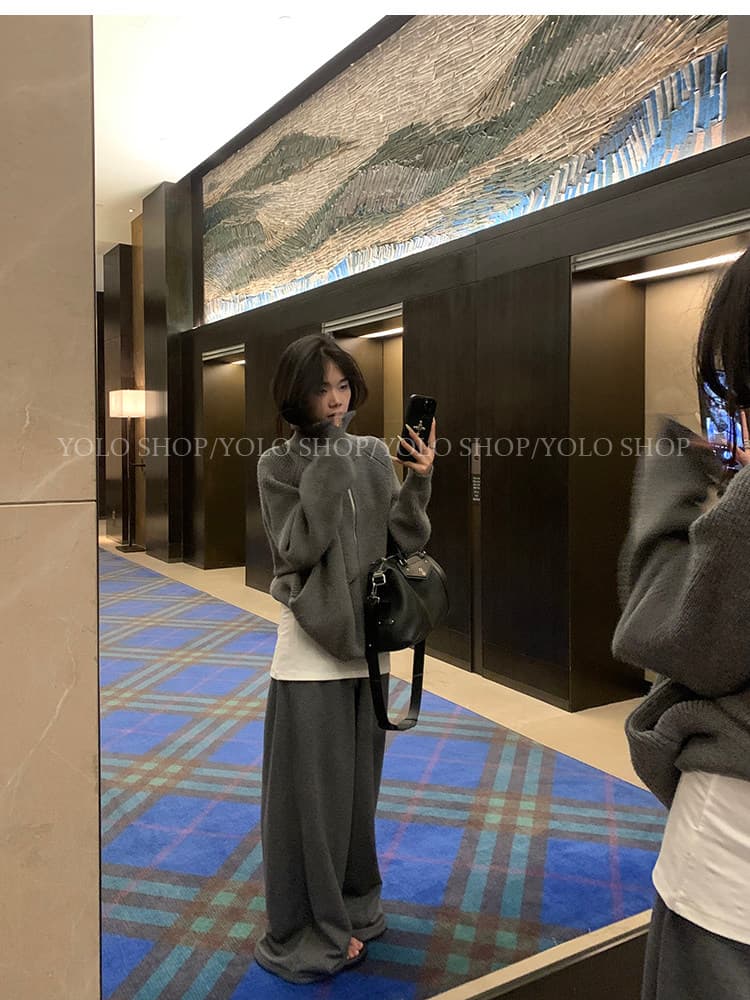 회색 지퍼 터틀넥 스웨터 오픈 가디건 여성 코트 느긋한 고급 센스 2025 새로운 한 부서 이른 가을 착용 잡아라. 의류 상세 이미지 13