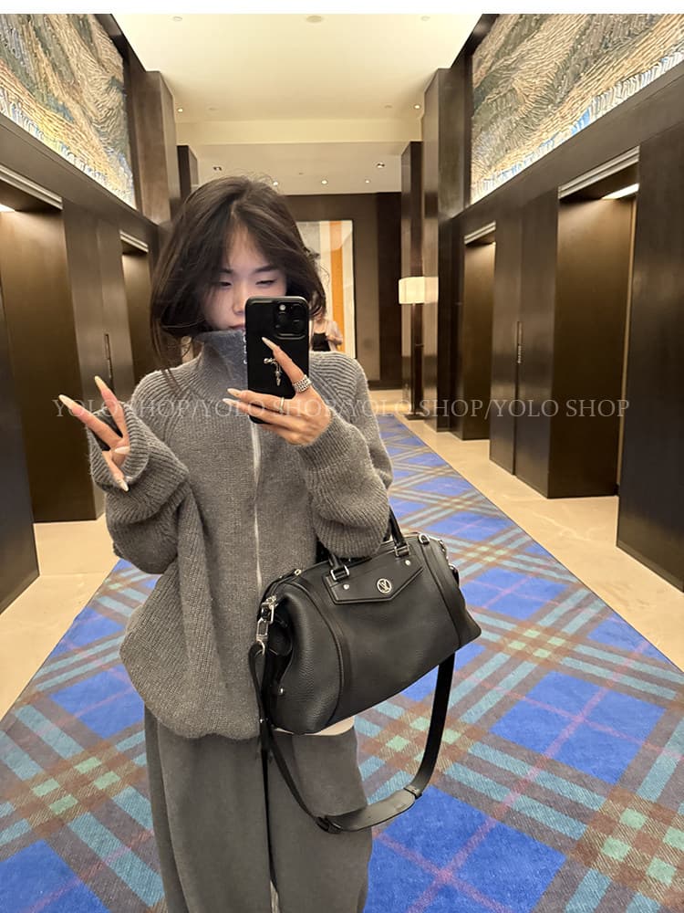 회색 지퍼 터틀넥 스웨터 오픈 가디건 여성 코트 느긋한 고급 센스 2025 새로운 한 부서 이른 가을 착용 잡아라. 의류 상세 이미지 16