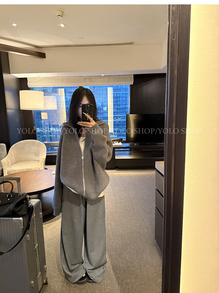 회색 지퍼 터틀넥 스웨터 오픈 가디건 여성 코트 느긋한 고급 센스 2025 새로운 한 부서 이른 가을 착용 잡아라. 의류 상세 이미지 24