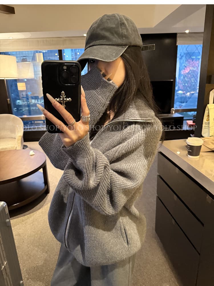 회색 지퍼 터틀넥 스웨터 오픈 가디건 여성 코트 느긋한 고급 센스 2025 새로운 한 부서 이른 가을 착용 잡아라. 의류 상세 이미지 26