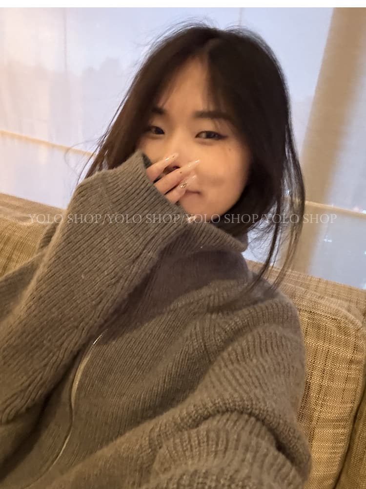 회색 지퍼 터틀넥 스웨터 오픈 가디건 여성 코트 느긋한 고급 센스 2025 새로운 한 부서 이른 가을 착용 잡아라. 의류 상세 이미지 32