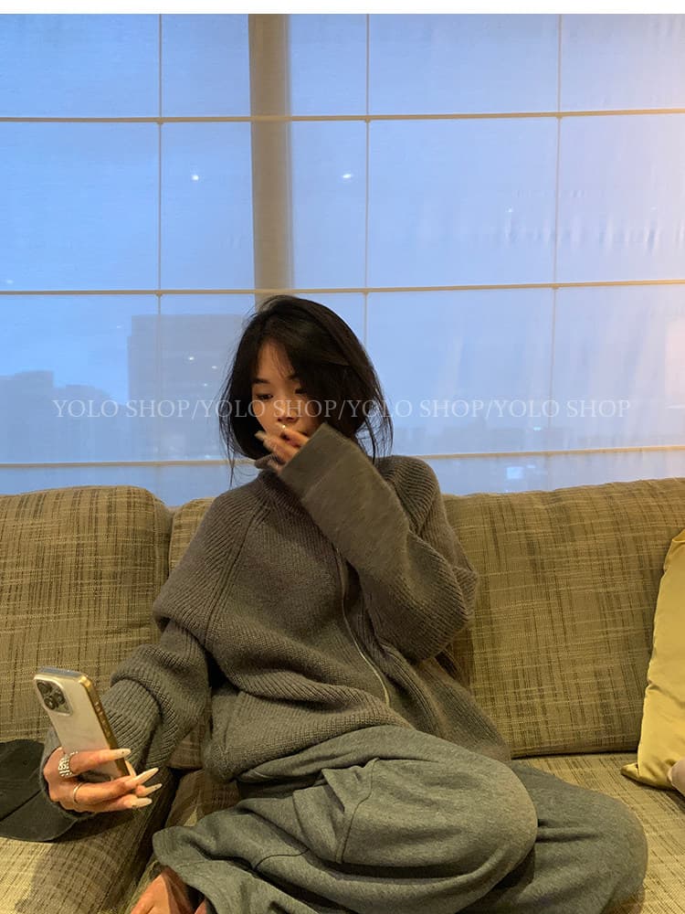 회색 지퍼 터틀넥 스웨터 오픈 가디건 여성 코트 느긋한 고급 센스 2025 새로운 한 부서 이른 가을 착용 잡아라. 의류 상세 이미지 33