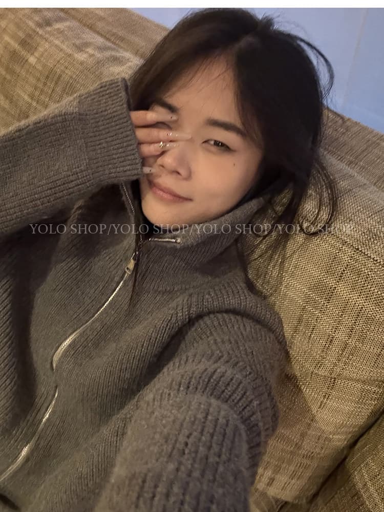 회색 지퍼 터틀넥 스웨터 오픈 가디건 여성 코트 느긋한 고급 센스 2025 새로운 한 부서 이른 가을 착용 잡아라. 의류 상세 이미지 34