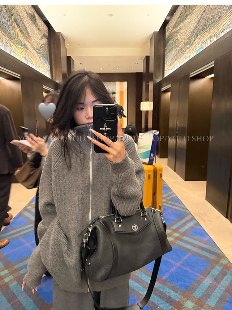 회색 지퍼 터틀넥 스웨터 오픈 가디건 여성 코트 느긋한 고급 센스 2025 새로운 한 부서 이른 가을 착용 잡아라. 의류 상세 이미지 47