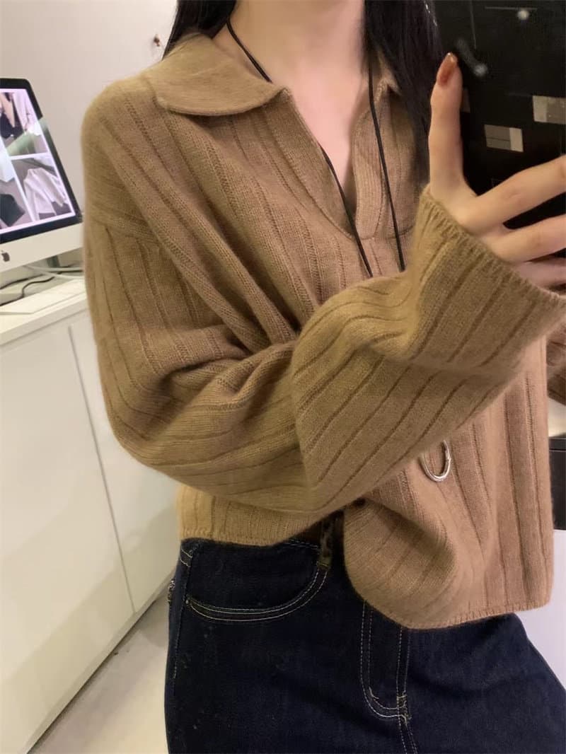 프랑스식 POLO 칼라 루즈핏 쇼트 스타일 양모 니트 스웨터 여성 가을 겨울 품격 두꺼운 폴로 칼라 스웨터 만나는 카디건 상세 이미지 1