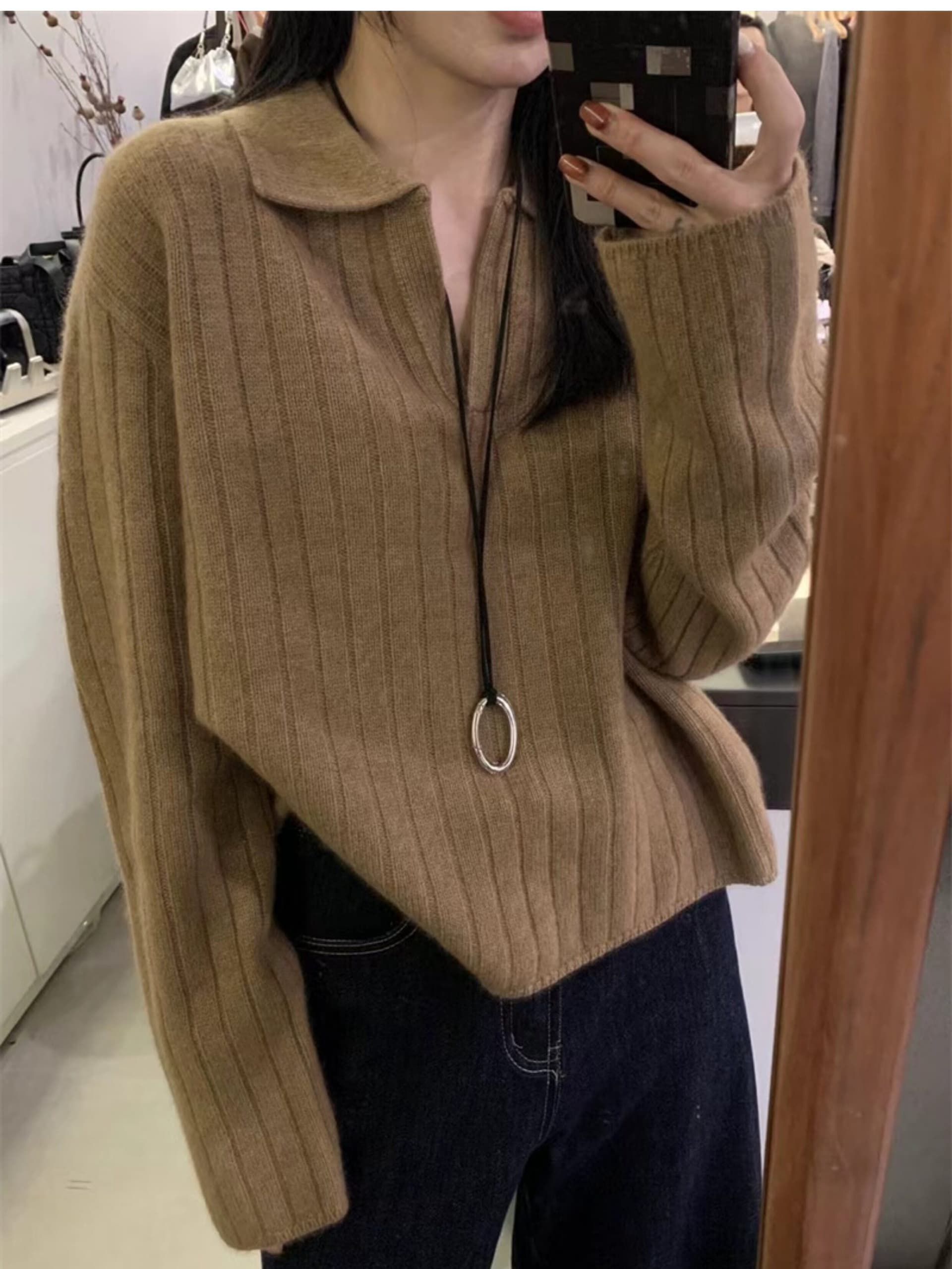 프랑스식 POLO 칼라 루즈핏 쇼트 스타일 양모 니트 스웨터 여성 가을 겨울 품격 두꺼운 폴로 칼라 스웨터 만나는 카디건 상세 이미지 5