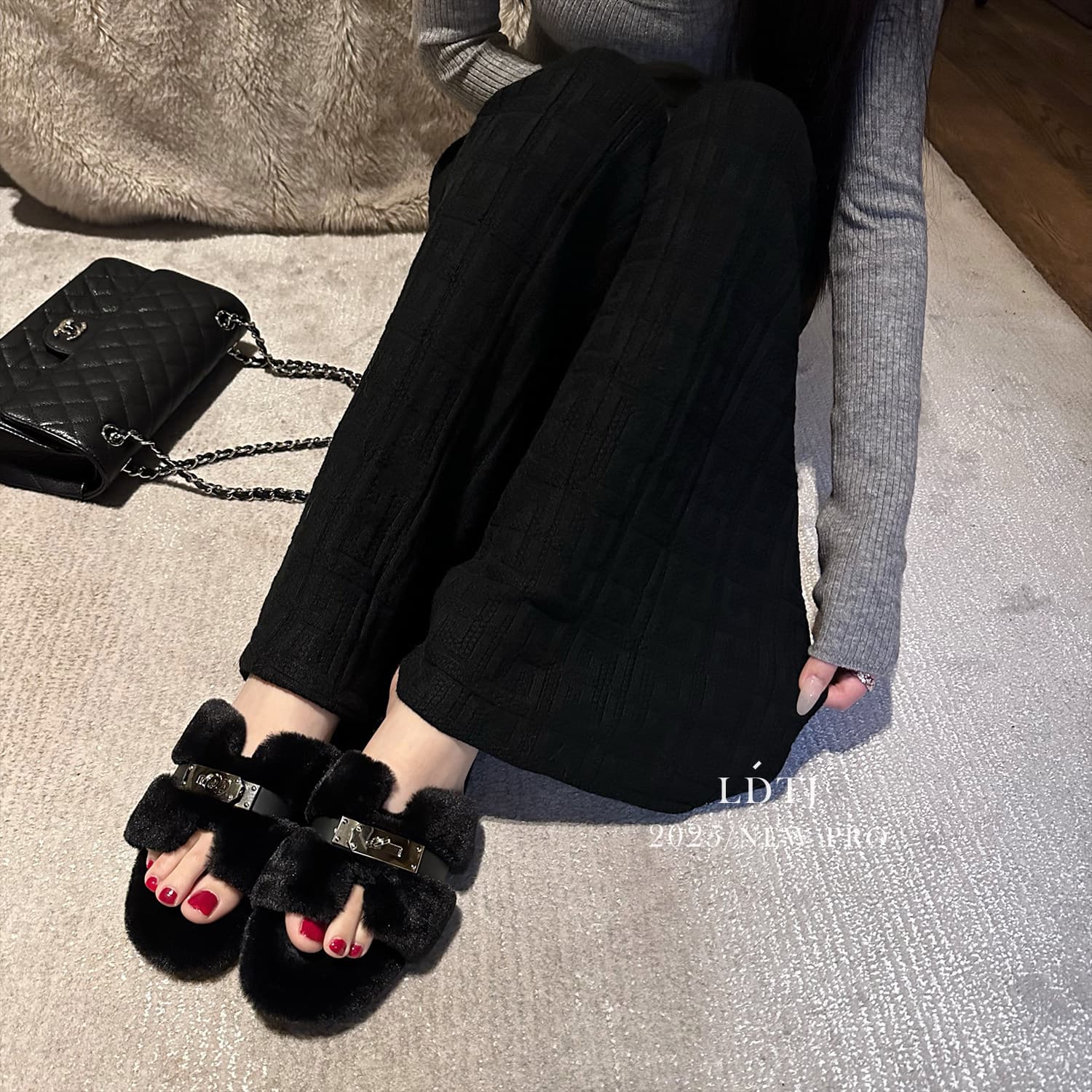 높음 세트 다용도 찹쌀 봄 여름 비싼 품격 느긋한 니트 부츠컷 도루 센스 넓은 다리 오래된 돈 꽃 긴 바지 여성 상세 이미지 3