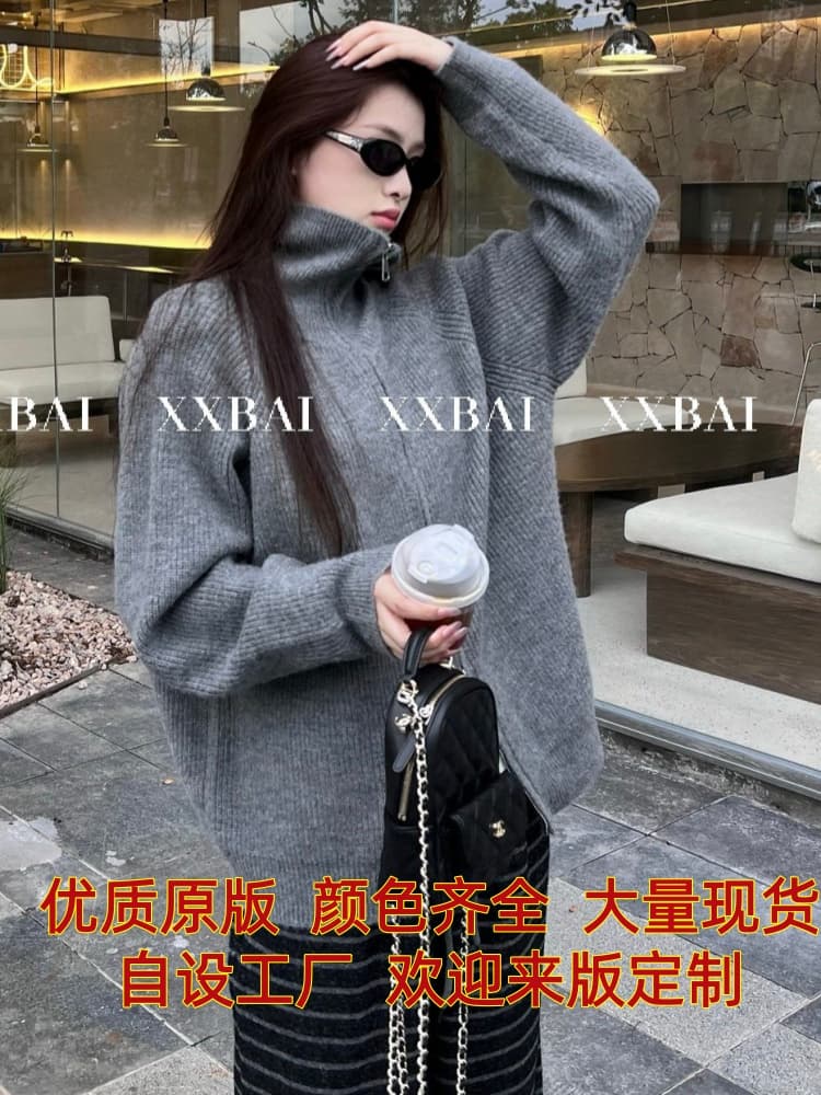 xxbai 편안함 진짜 착용 더블 지퍼 폴로 칼라 스웨터 니트 오픈 가디건 여성 작은 키 루즈핏 스탠드 칼라 맨위 재킷