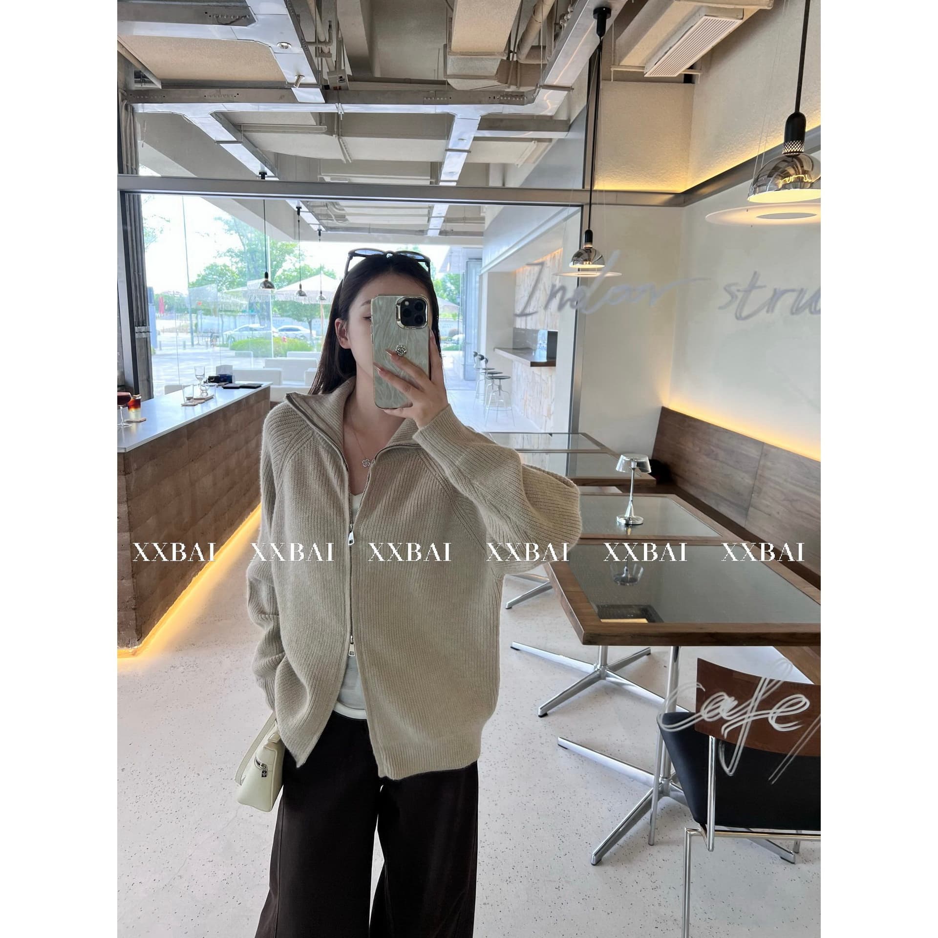 xxbai 편안함 진짜 착용 더블 지퍼 폴로 칼라 스웨터 니트 오픈 가디건 여성 작은 키 루즈핏 스탠드 칼라 맨위 재킷 이미지 2