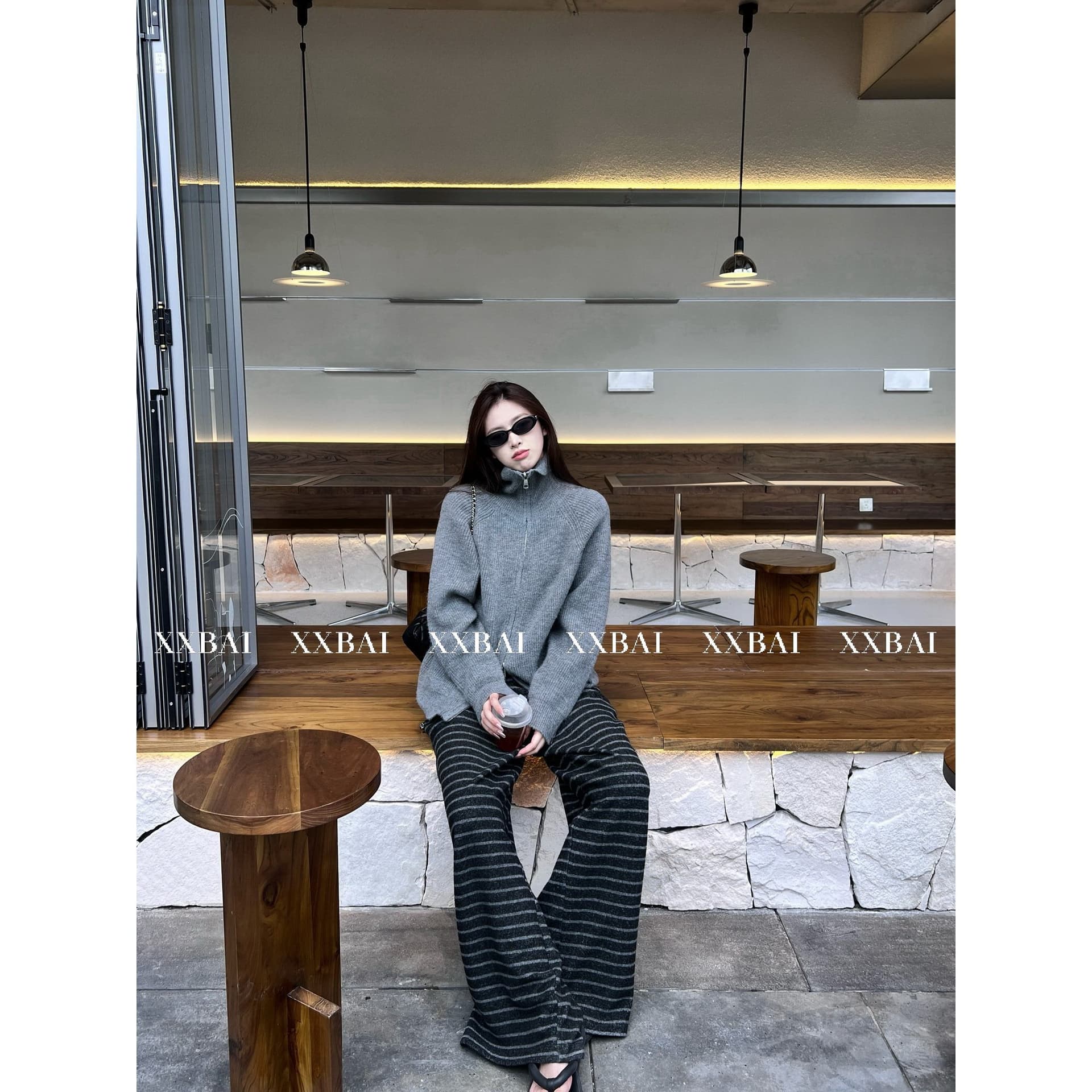 xxbai 편안함 진짜 착용 더블 지퍼 폴로 칼라 스웨터 니트 오픈 가디건 여성 작은 키 루즈핏 스탠드 칼라 맨위 재킷 이미지 3