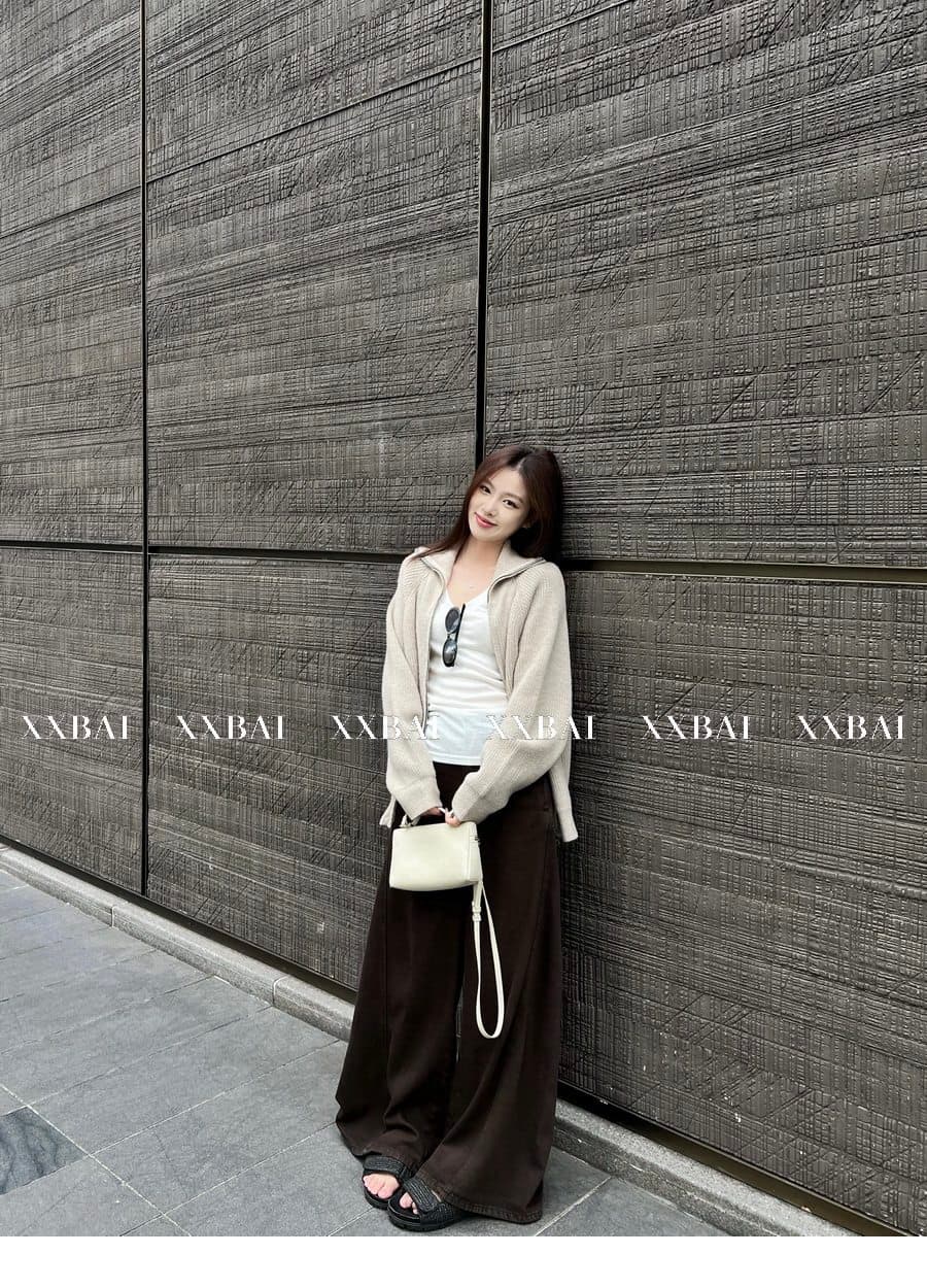 xxbai 편안함 진짜 착용 더블 지퍼 폴로 칼라 스웨터 니트 오픈 가디건 여성 작은 키 루즈핏 스탠드 칼라 맨위 재킷 상세 이미지 7