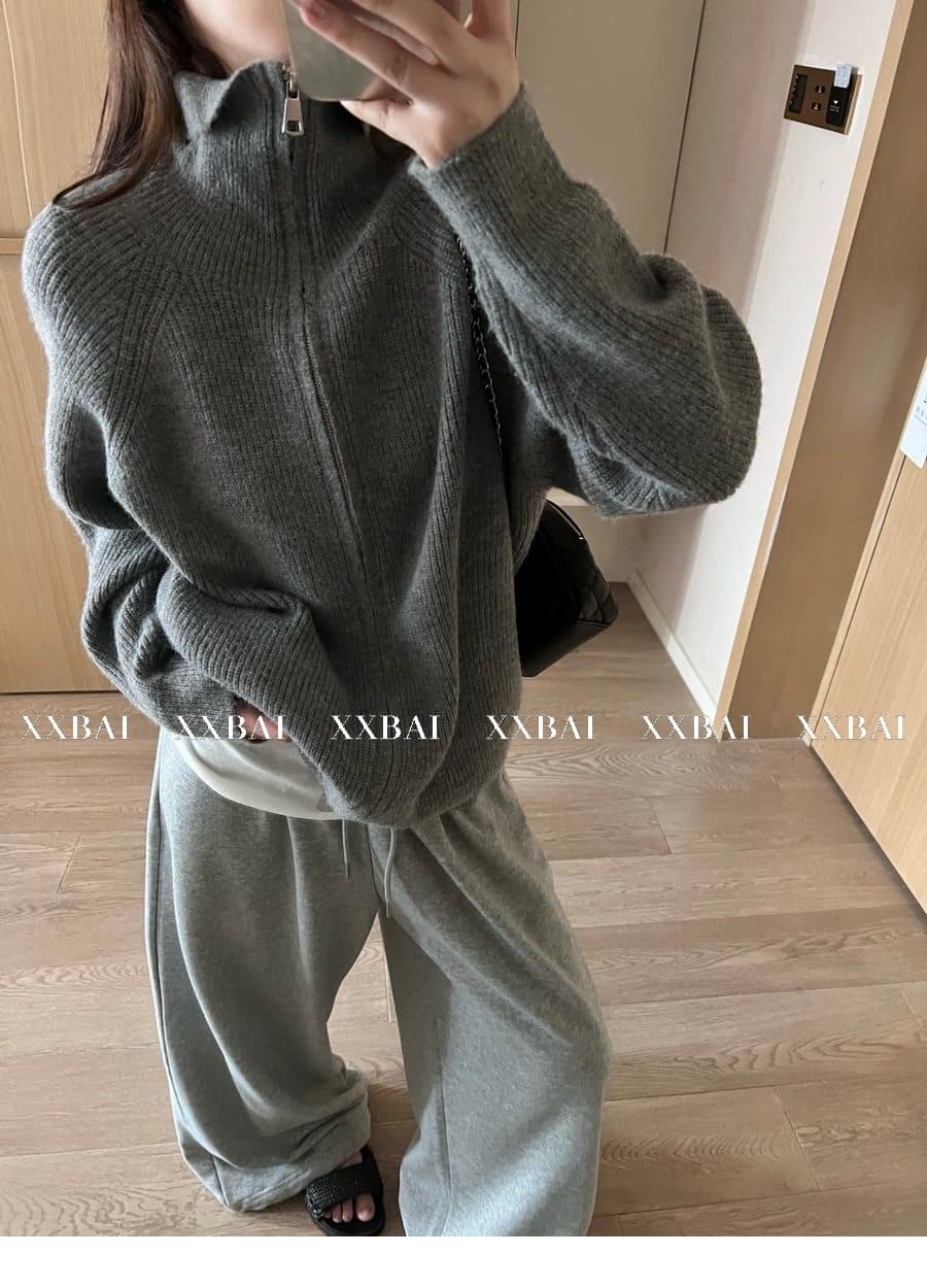 xxbai 편안함 진짜 착용 더블 지퍼 폴로 칼라 스웨터 니트 오픈 가디건 여성 작은 키 루즈핏 스탠드 칼라 맨위 재킷 상세 이미지 12