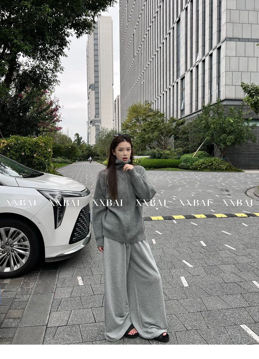 xxbai 편안함 진짜 착용 더블 지퍼 폴로 칼라 스웨터 니트 오픈 가디건 여성 작은 키 루즈핏 스탠드 칼라 맨위 재킷 상세 이미지 13