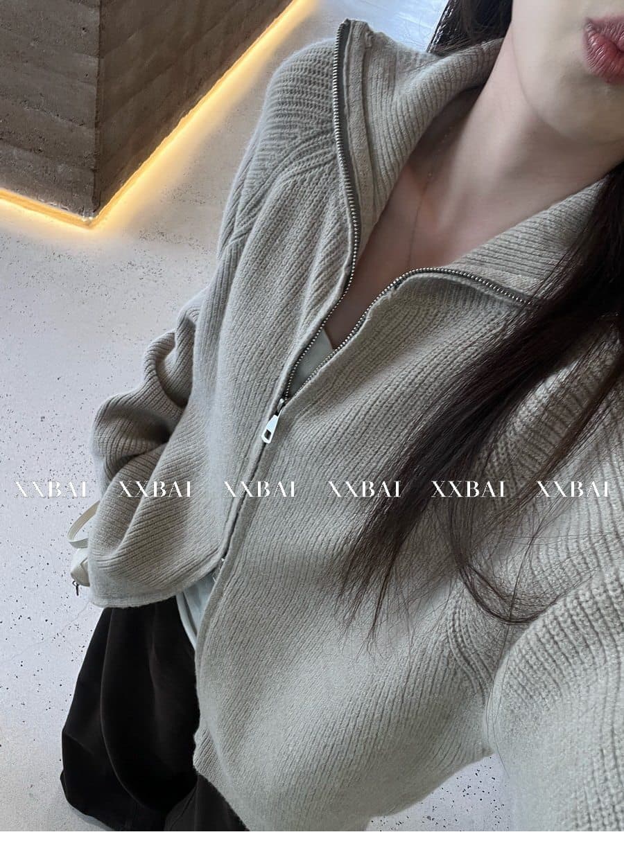 xxbai 편안함 진짜 착용 더블 지퍼 폴로 칼라 스웨터 니트 오픈 가디건 여성 작은 키 루즈핏 스탠드 칼라 맨위 재킷 상세 이미지 16
