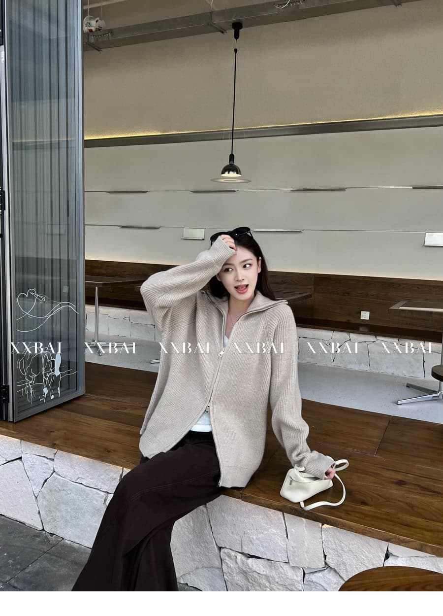 xxbai 편안함 진짜 착용 더블 지퍼 폴로 칼라 스웨터 니트 오픈 가디건 여성 작은 키 루즈핏 스탠드 칼라 맨위 재킷 상세 이미지 17