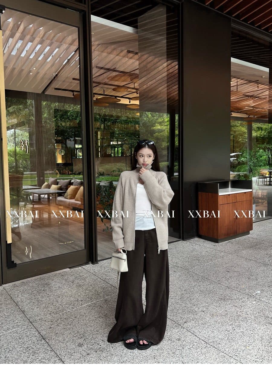 xxbai 편안함 진짜 착용 더블 지퍼 폴로 칼라 스웨터 니트 오픈 가디건 여성 작은 키 루즈핏 스탠드 칼라 맨위 재킷 상세 이미지 20