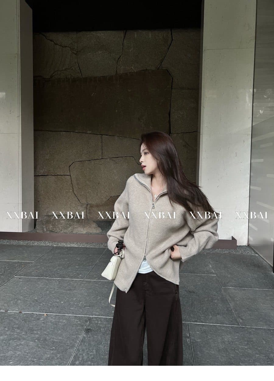 xxbai 편안함 진짜 착용 더블 지퍼 폴로 칼라 스웨터 니트 오픈 가디건 여성 작은 키 루즈핏 스탠드 칼라 맨위 재킷 상세 이미지 26