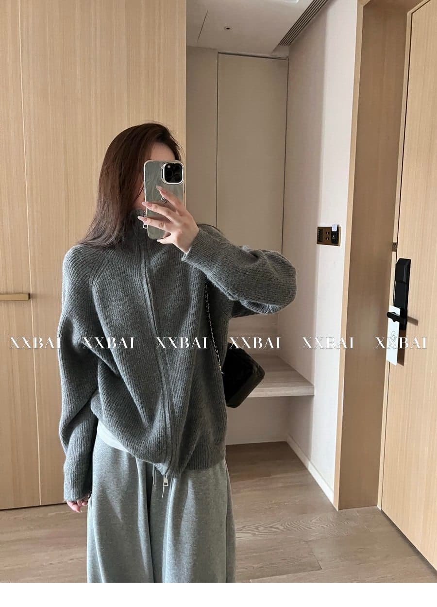 xxbai 편안함 진짜 착용 더블 지퍼 폴로 칼라 스웨터 니트 오픈 가디건 여성 작은 키 루즈핏 스탠드 칼라 맨위 재킷 상세 이미지 27