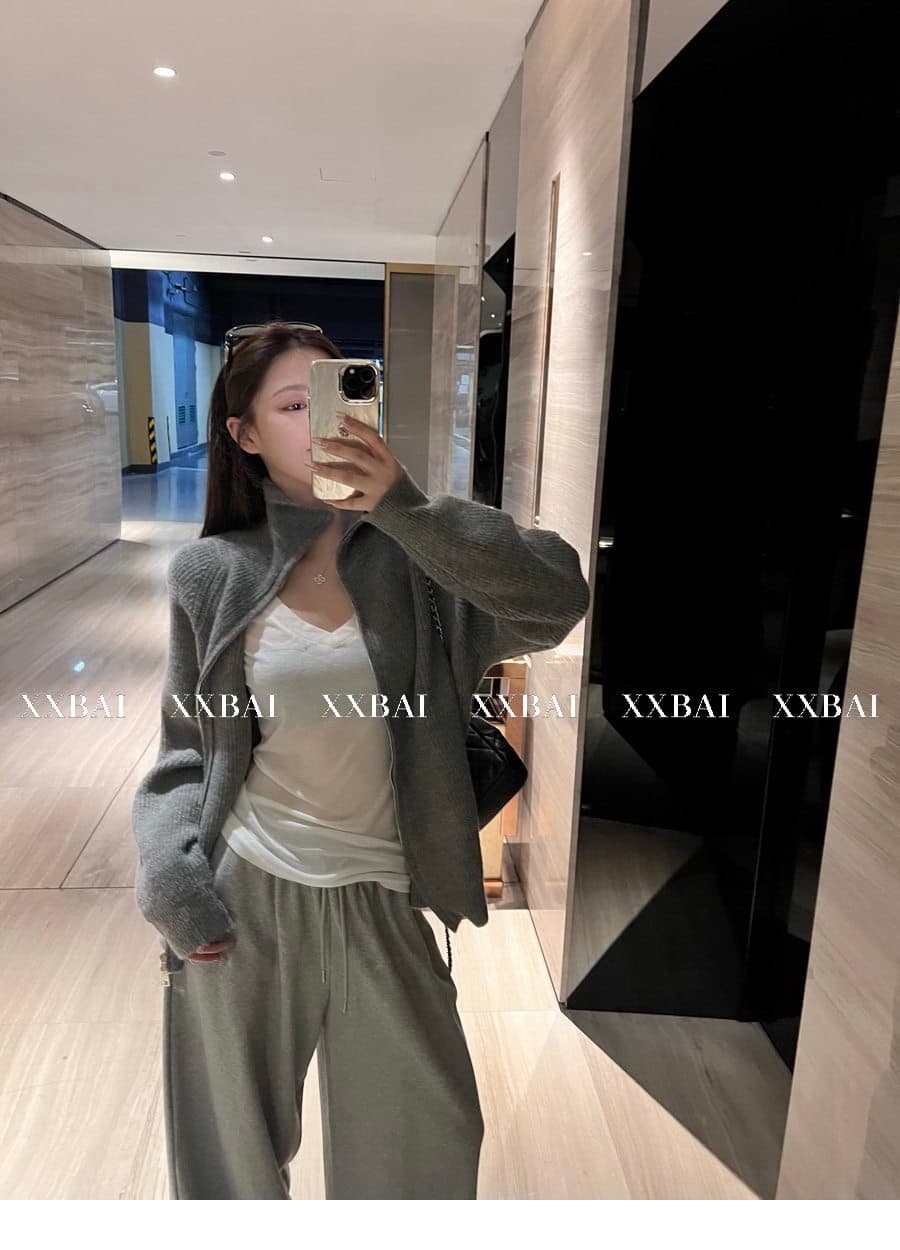 xxbai 편안함 진짜 착용 더블 지퍼 폴로 칼라 스웨터 니트 오픈 가디건 여성 작은 키 루즈핏 스탠드 칼라 맨위 재킷 상세 이미지 28