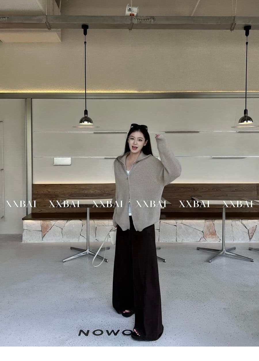 xxbai 편안함 진짜 착용 더블 지퍼 폴로 칼라 스웨터 니트 오픈 가디건 여성 작은 키 루즈핏 스탠드 칼라 맨위 재킷 상세 이미지 29