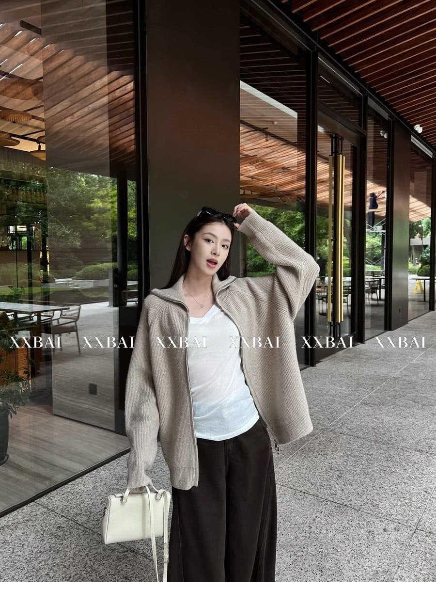 xxbai 편안함 진짜 착용 더블 지퍼 폴로 칼라 스웨터 니트 오픈 가디건 여성 작은 키 루즈핏 스탠드 칼라 맨위 재킷 상세 이미지 30