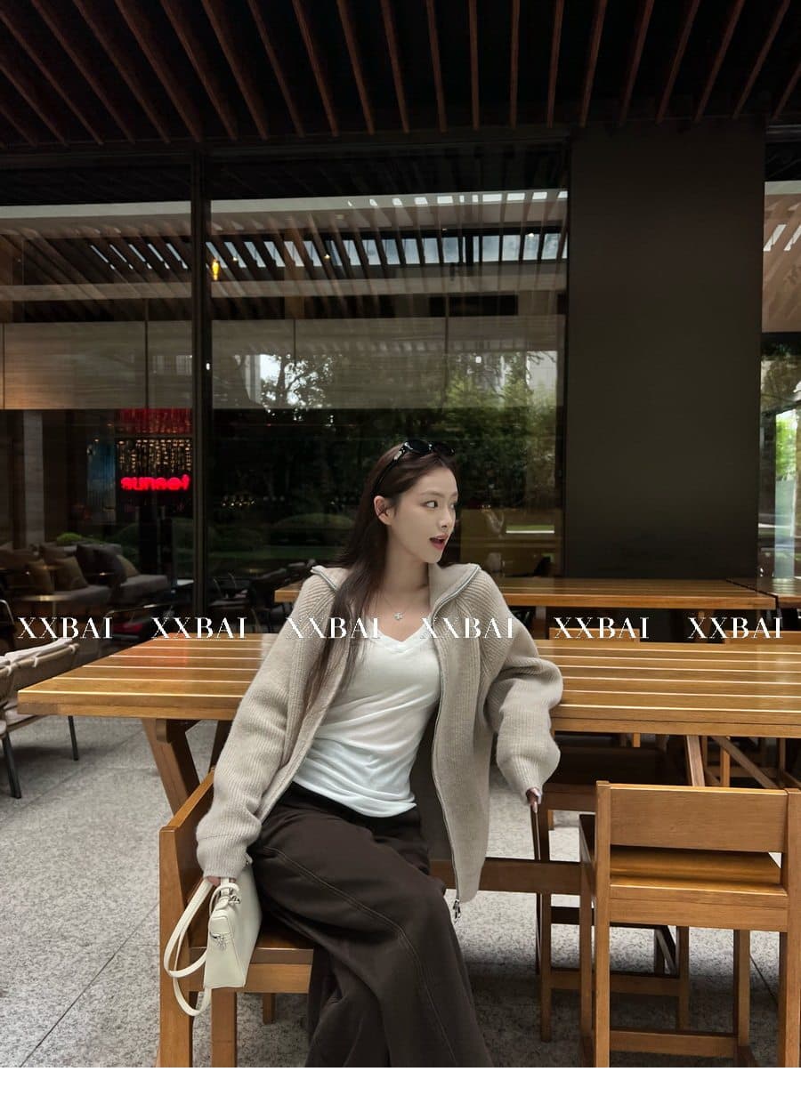 xxbai 편안함 진짜 착용 더블 지퍼 폴로 칼라 스웨터 니트 오픈 가디건 여성 작은 키 루즈핏 스탠드 칼라 맨위 재킷 상세 이미지 31