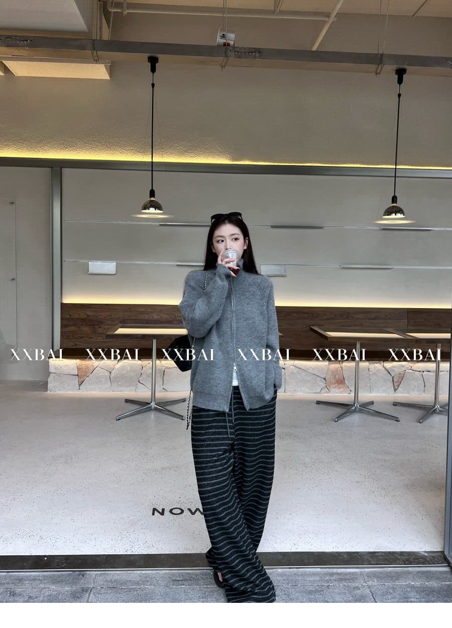 xxbai 편안함 진짜 착용 더블 지퍼 폴로 칼라 스웨터 니트 오픈 가디건 여성 작은 키 루즈핏 스탠드 칼라 맨위 재킷 상세 이미지 33