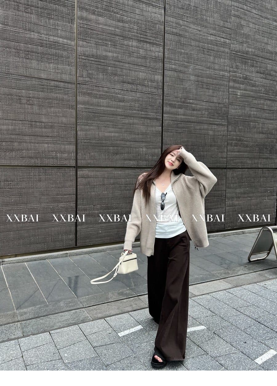 xxbai 편안함 진짜 착용 더블 지퍼 폴로 칼라 스웨터 니트 오픈 가디건 여성 작은 키 루즈핏 스탠드 칼라 맨위 재킷 상세 이미지 34