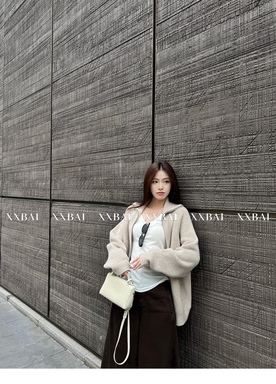 xxbai 편안함 진짜 착용 더블 지퍼 폴로 칼라 스웨터 니트 오픈 가디건 여성 작은 키 루즈핏 스탠드 칼라 맨위 재킷 상세 이미지 36