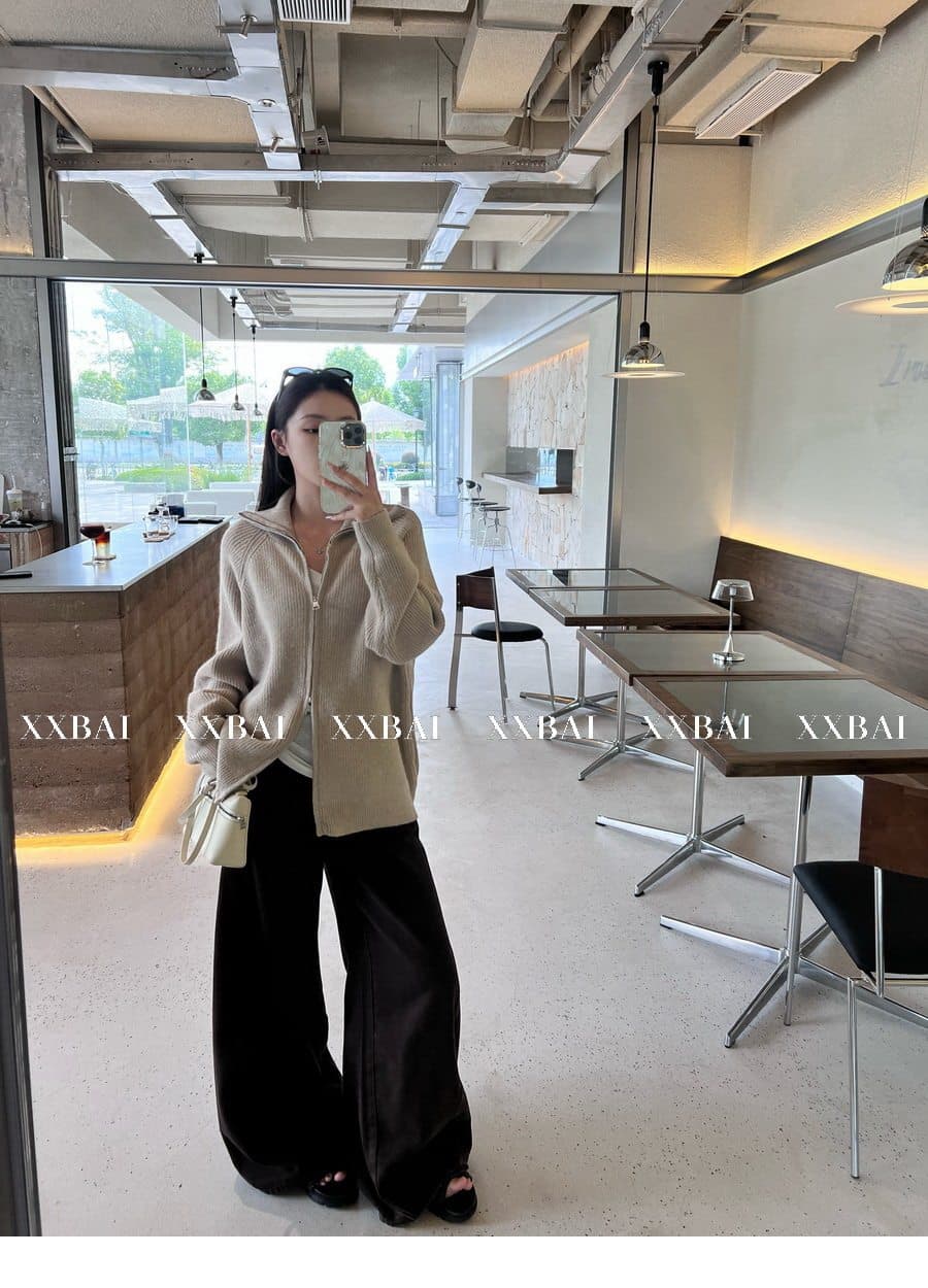 xxbai 편안함 진짜 착용 더블 지퍼 폴로 칼라 스웨터 니트 오픈 가디건 여성 작은 키 루즈핏 스탠드 칼라 맨위 재킷 상세 이미지 37