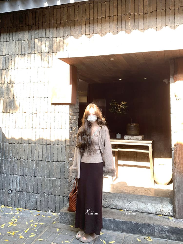 xxiiuu 가을 겨울 폭스 머리 소매 니트 오픈 가디건 여성 코트 스와로브스키 뒤로 심낭 코어 실 반신 스커트 세 조각 세트 상세 이미지 2