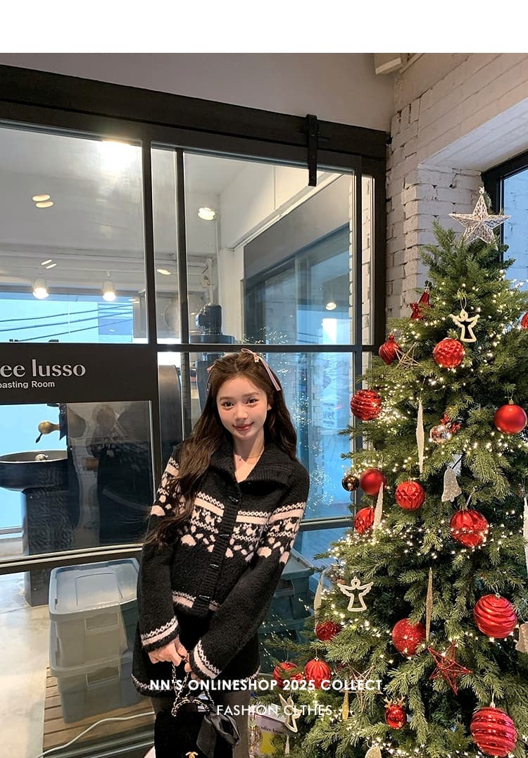 첸 좋은 난 nns 공정한 섬 눈 덮인 밤 크리스마스 특별 폴로 칼라 자카드 스웨터 미니 스커트 패션 세트 여성 상세 이미지 13