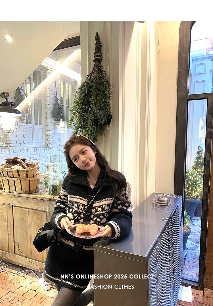 첸 좋은 난 nns 공정한 섬 눈 덮인 밤 크리스마스 특별 폴로 칼라 자카드 스웨터 미니 스커트 패션 세트 여성 상세 이미지 19