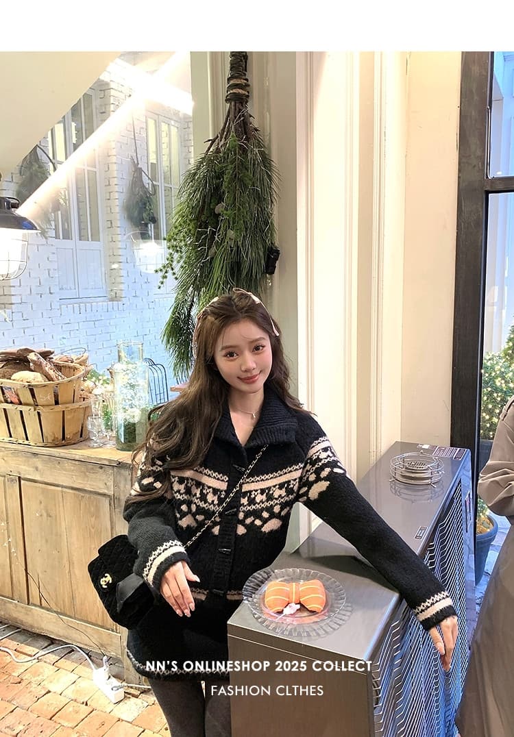 첸 좋은 난 nns 공정한 섬 눈 덮인 밤 크리스마스 특별 폴로 칼라 자카드 스웨터 미니 스커트 패션 세트 여성 상세 이미지 21
