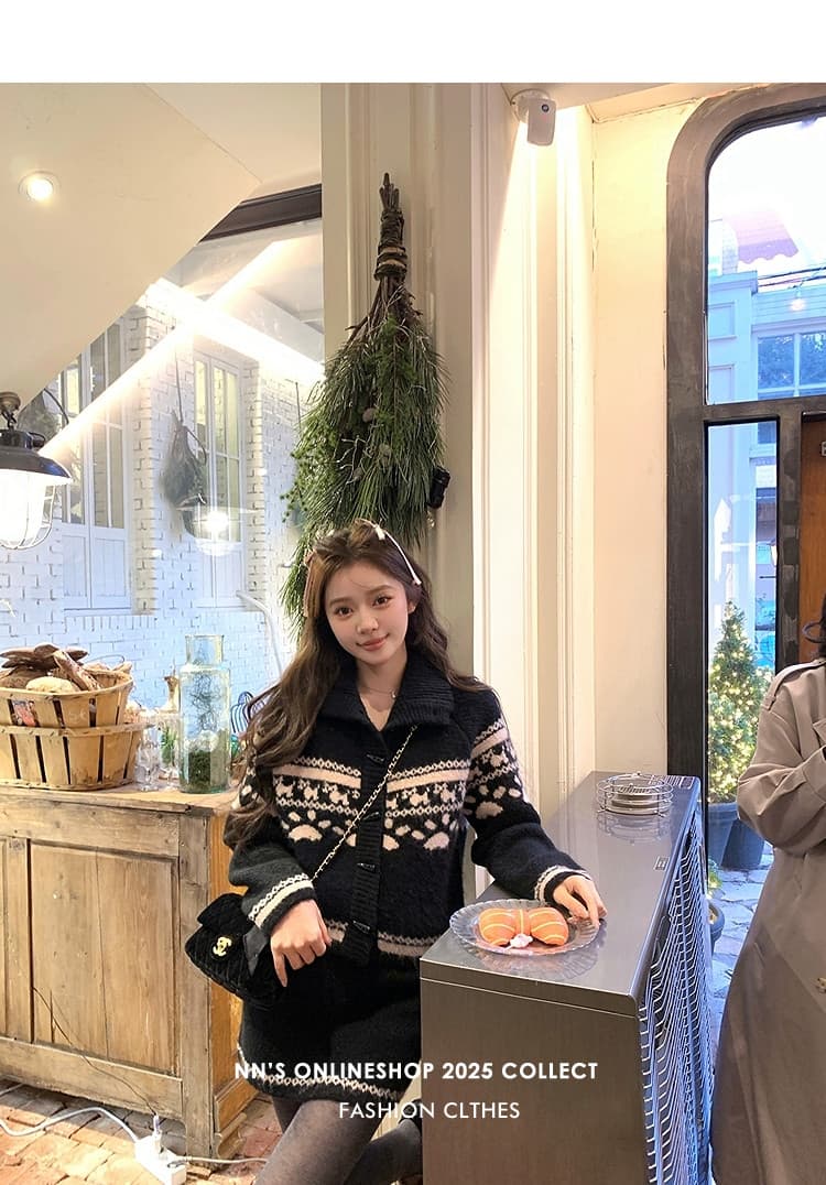첸 좋은 난 nns 공정한 섬 눈 덮인 밤 크리스마스 특별 폴로 칼라 자카드 스웨터 미니 스커트 패션 세트 여성 상세 이미지 37