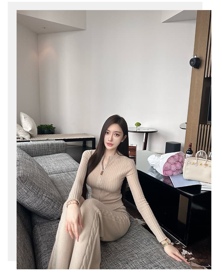 sx 좋은 안녕하세요. 품격 부드러운 바람 양 구덩이 기사 니트 지퍼 재킷 하이웨이스트 와이드 레그 팬츠 캐주얼 세트 여성 가을 겨울 상세 이미지 18