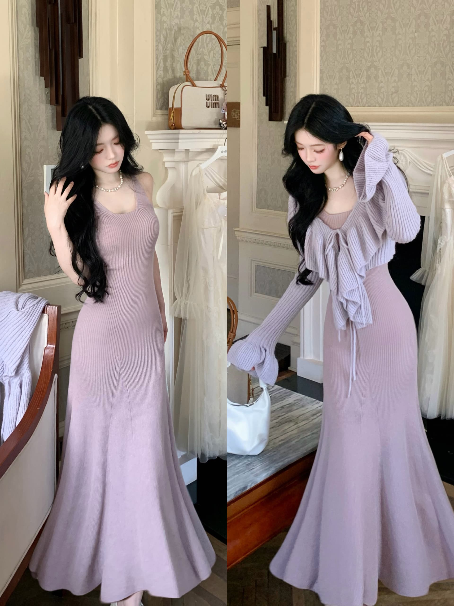 blovelan 보라색 라임 구름 연기 프랑스식 요정 가스 디자인 센스 V넥 프릴 맨위 타이트 스커트 인어 꼬리 슬립 드레스 상세 이미지 1