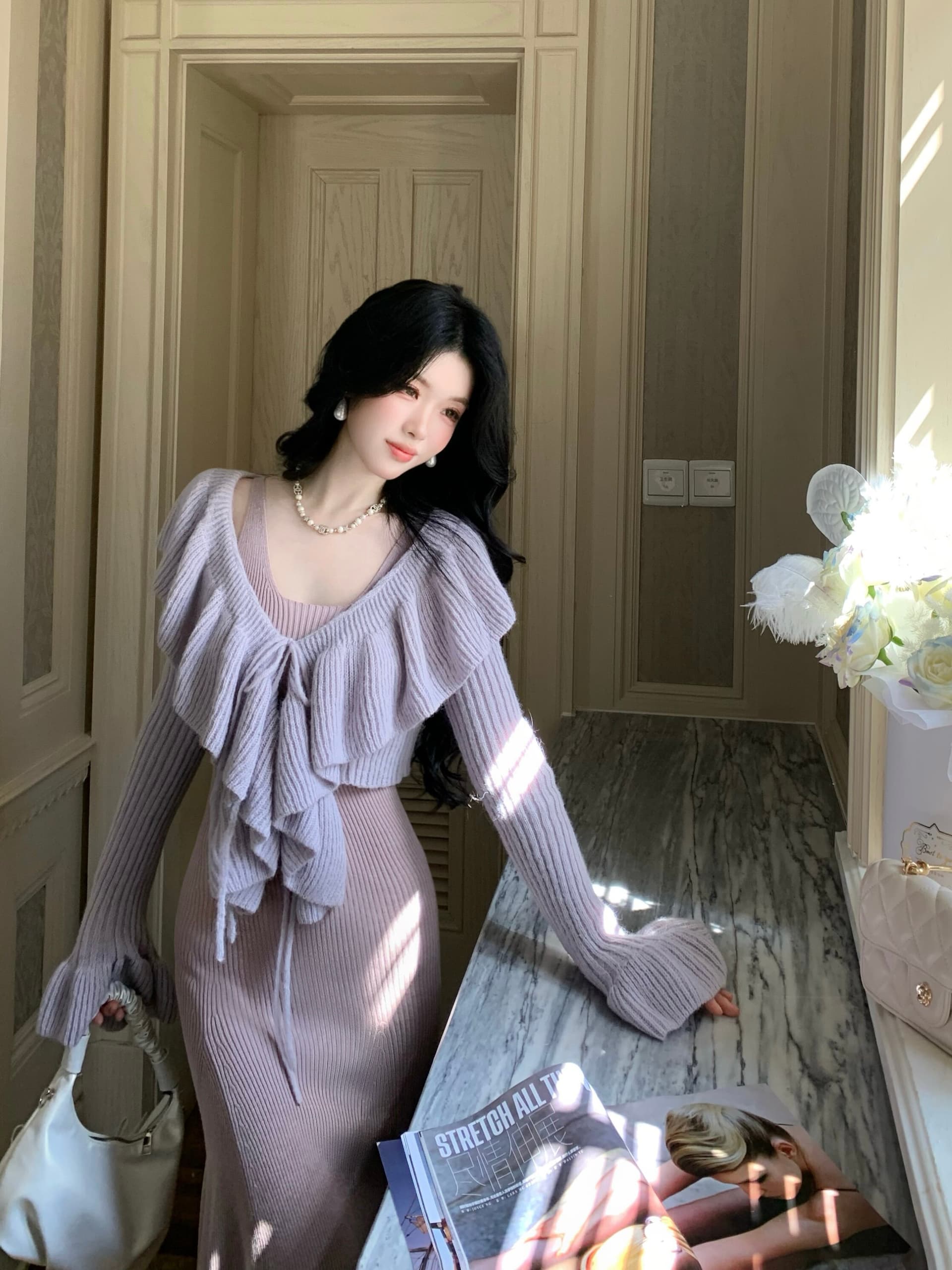 blovelan 보라색 라임 구름 연기 프랑스식 요정 가스 디자인 센스 V넥 프릴 맨위 타이트 스커트 인어 꼬리 슬립 드레스 상세 이미지 16