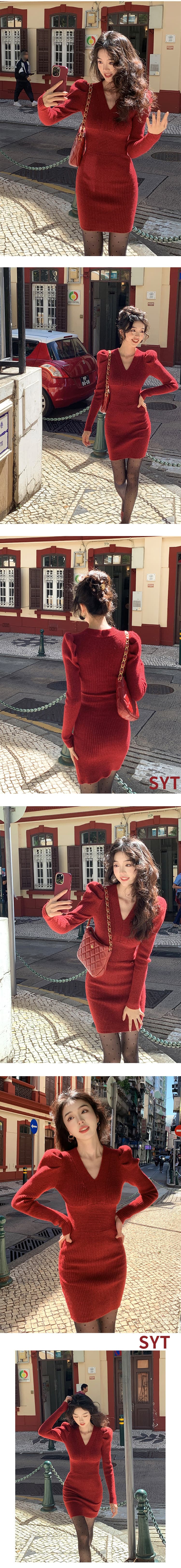 syt 연대 센스 레트로 포함 양모 허리 수축 슬림해 보이는 여성 드레스 봄 2026 새로운 V넥 품격 미니 스커트 상세 이미지 1