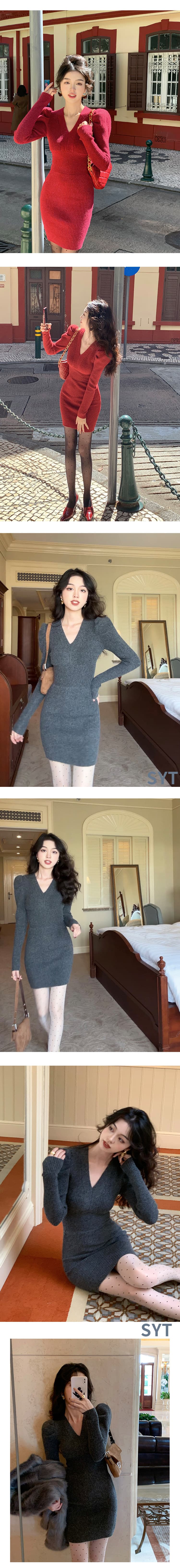 syt 연대 센스 레트로 포함 양모 허리 수축 슬림해 보이는 여성 드레스 봄 2026 새로운 V넥 품격 미니 스커트 상세 이미지 3