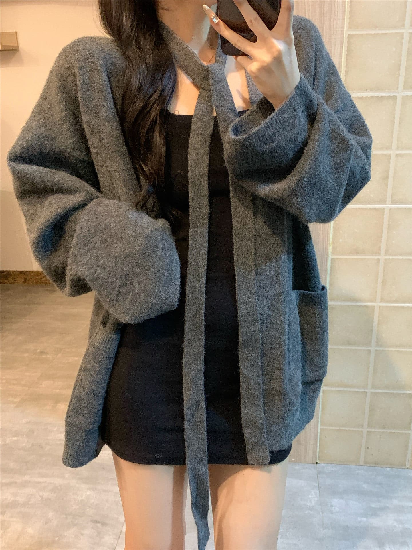 고급 센스 회색 스웨터 오픈 가디건 여성 루즈핏 느긋한 부드러운 찹쌀 중간 길이 벨트 목욕 가운 스타일 숄 니트 재킷 상세 이미지 2
