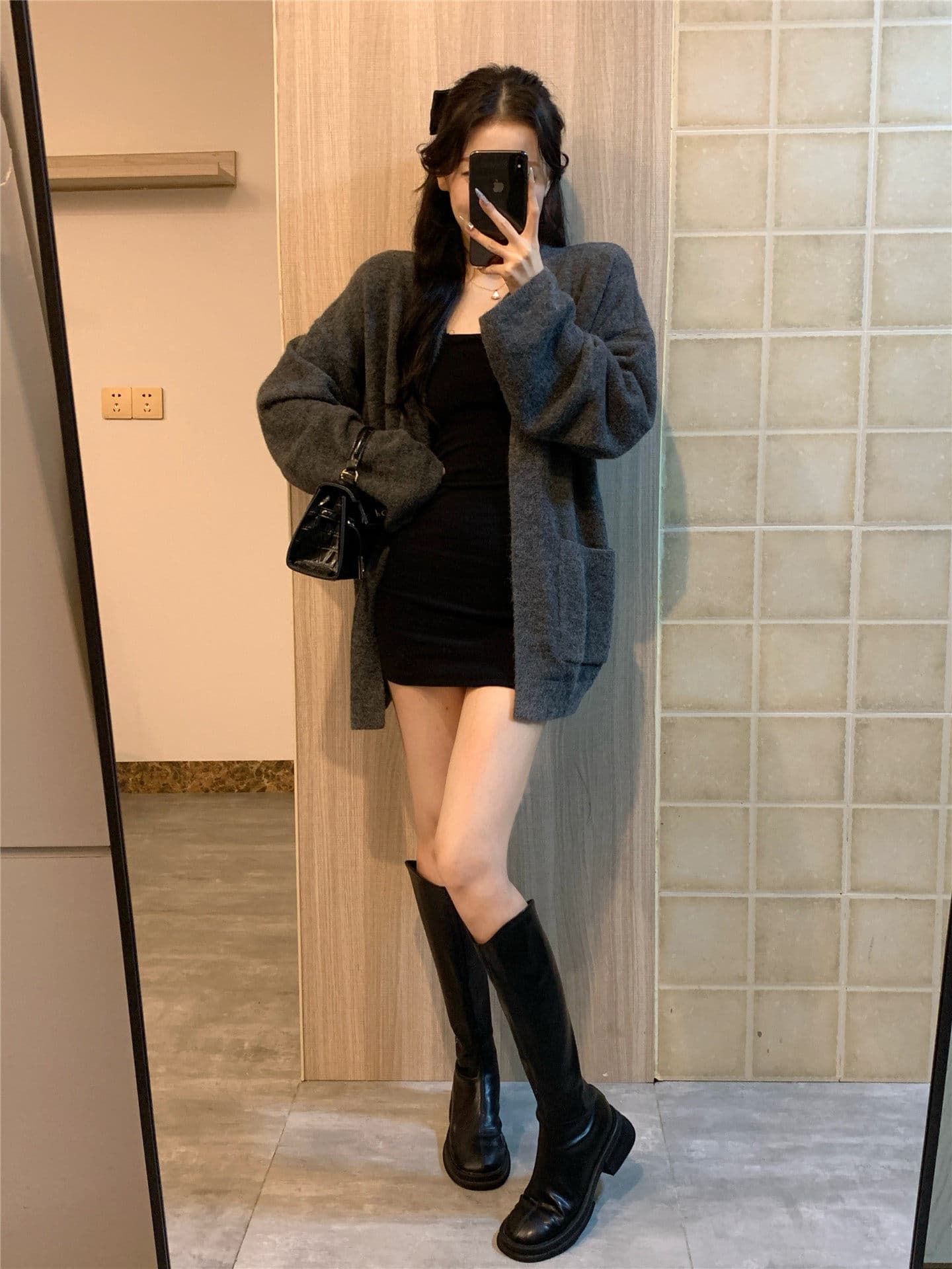 고급 센스 회색 스웨터 오픈 가디건 여성 루즈핏 느긋한 부드러운 찹쌀 중간 길이 벨트 목욕 가운 스타일 숄 니트 재킷 상세 이미지 23