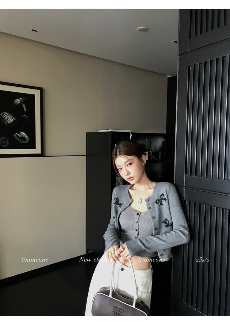 linoneone 조금 니켈 맛 귀여운 강아지 니트 스웨터 오픈 가디건 슬립 퍼프 반신 치마 세트 상세 이미지 11