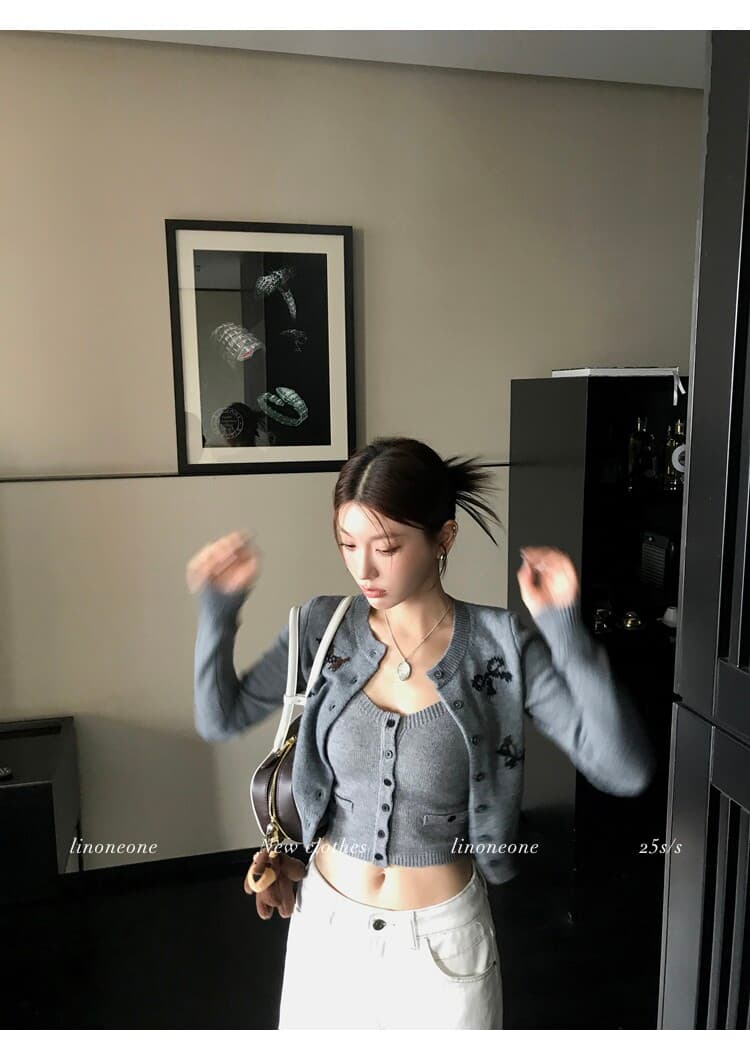 linoneone 조금 니켈 맛 귀여운 강아지 니트 스웨터 오픈 가디건 슬립 퍼프 반신 치마 세트 상세 이미지 19