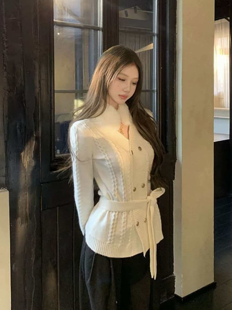2026 새로운 패션 사실 토끼털 모피 칼라 니트 오픈 가디건 여성 품격 꽈배기 스웨터 코트 맨위 니트 재킷 상세 이미지 13